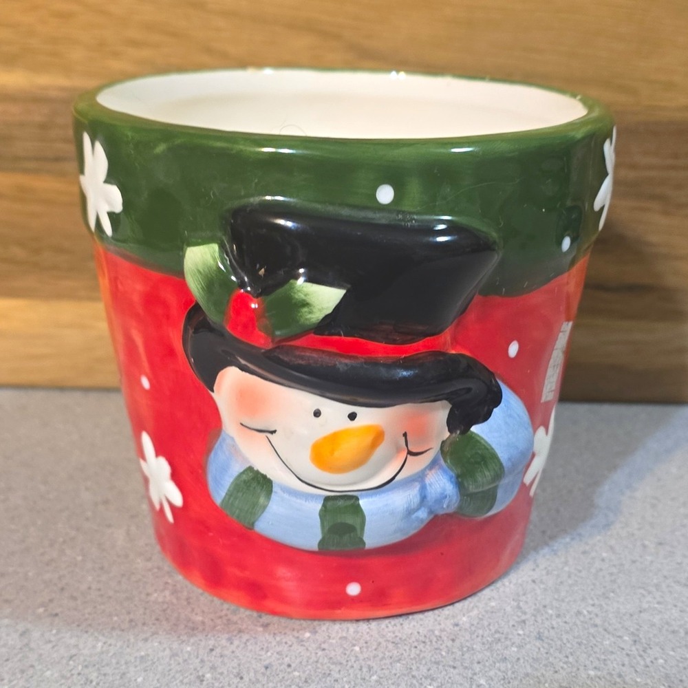 Snowman Christmas Winter Snowflake Red/Green Ceramic Planter